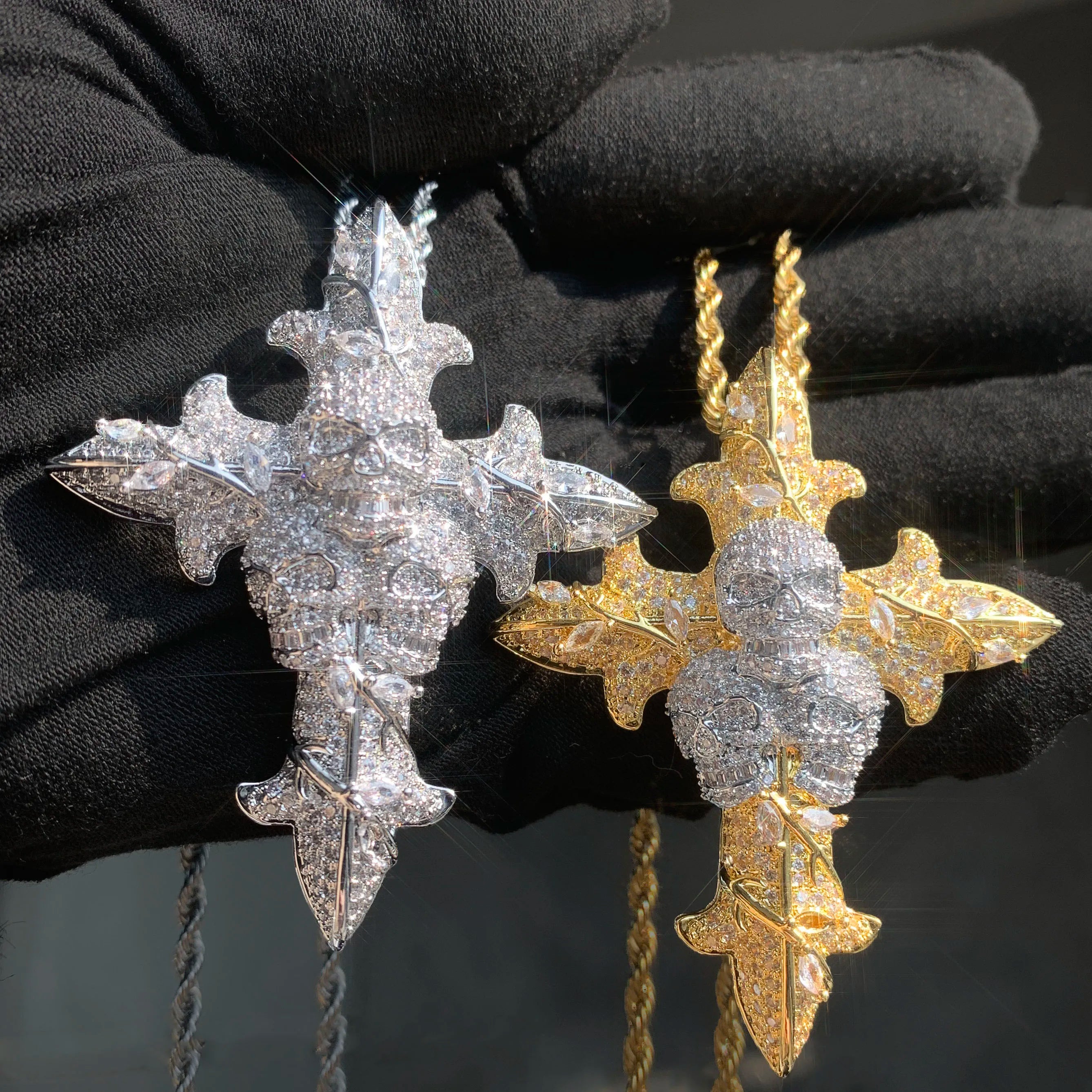 CUC Skull Cross Hip Hop Pendant Men Women Necklace Gold Silver Color Chain Cubic Zirconia Rock Rapper Jewelry