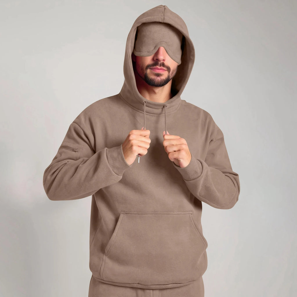 Unisex Hooded Sweatshirt With Built-In Eye Mask Casual Long Sleeved Solid Color Sports Pullover Loose Fit Sweatshirt 2025