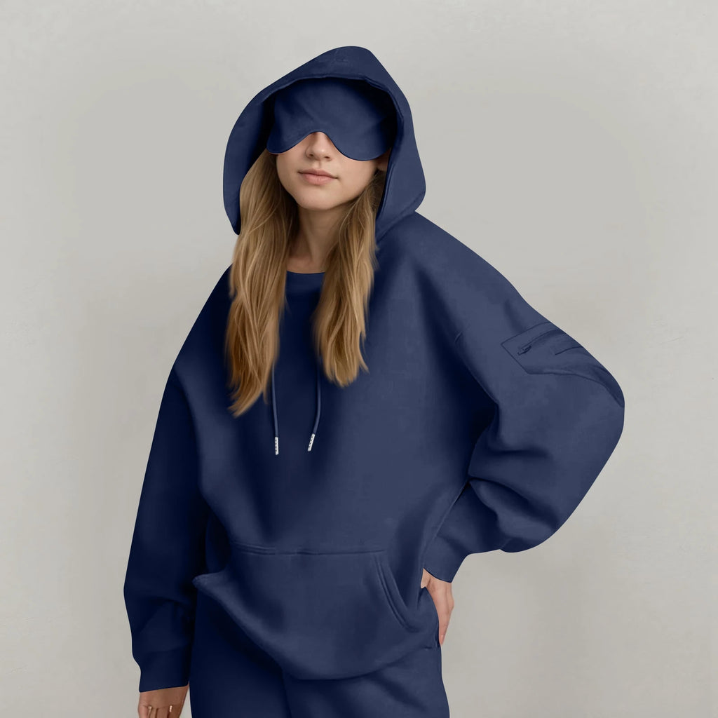 Unisex Hooded Sweatshirt With Built-In Eye Mask Casual Long Sleeved Solid Color Sports Pullover Loose Fit Sweatshirt 2025