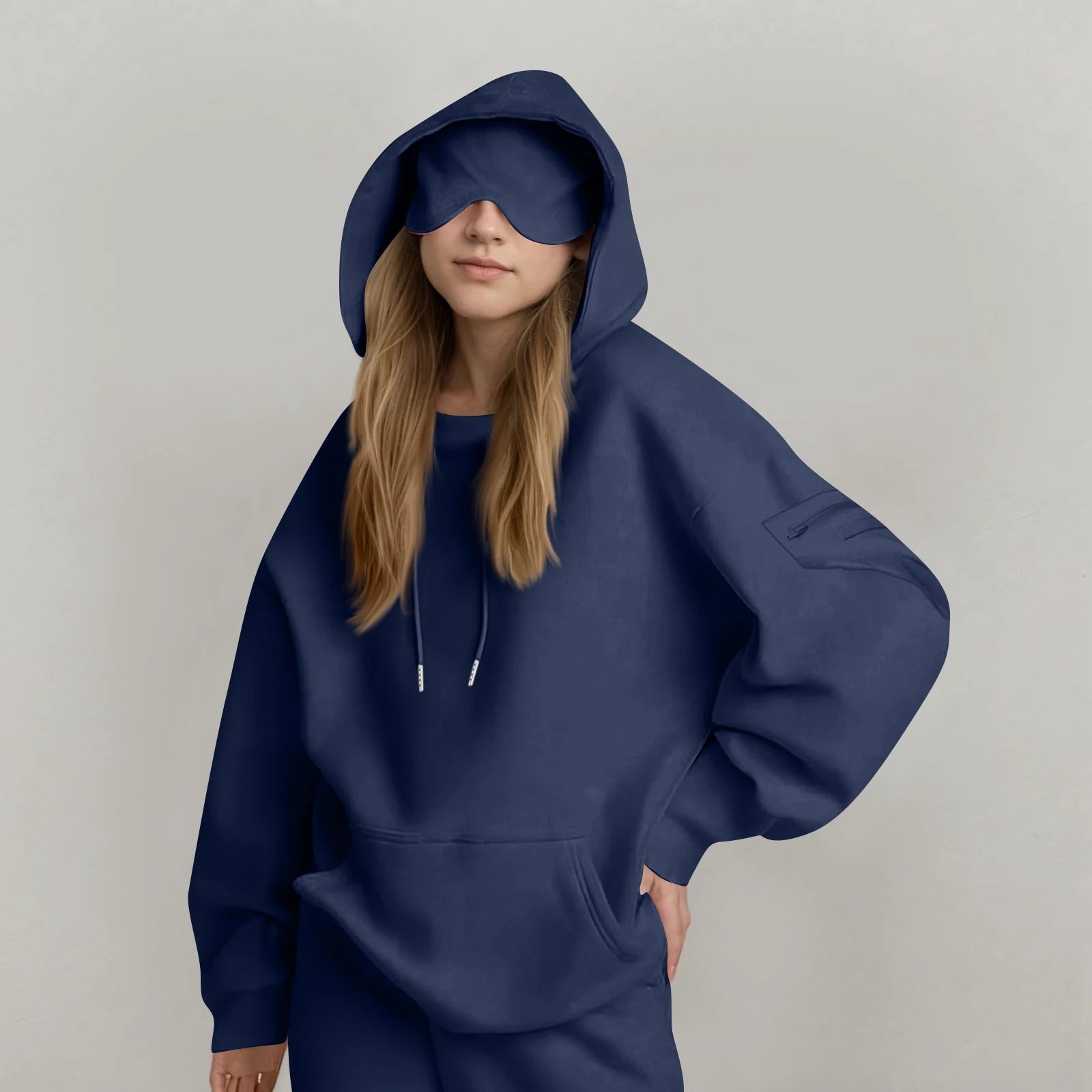 Unisex Hooded Sweatshirt With Built-In Eye Mask Casual Long Sleeved Solid Color Sports Pullover Loose Fit Sweatshirt 2025