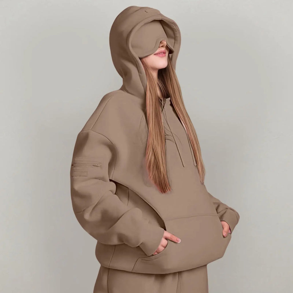 Unisex Hooded Sweatshirt With Built-In Eye Mask Casual Long Sleeved Solid Color Sports Pullover Loose Fit Sweatshirt 2025