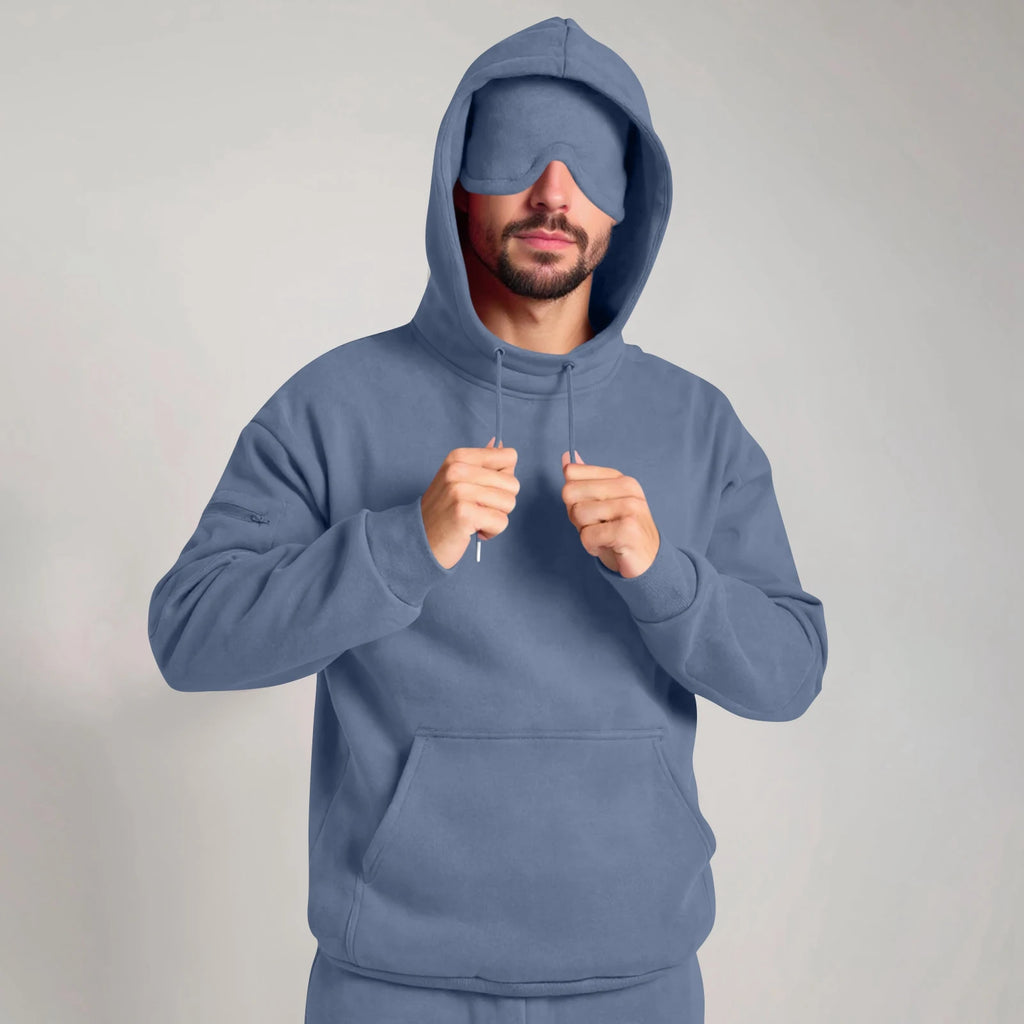 Unisex Hooded Sweatshirt With Built-In Eye Mask Casual Long Sleeved Solid Color Sports Pullover Loose Fit Sweatshirt 2025