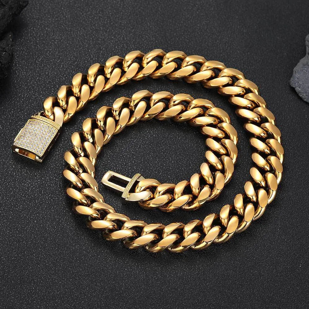 8-22mm Hip Hop Bling Iced Out 18k Gold-plated Stainless Steel Dense Cuban Miami Link Chain Necklaces for Unisex  Rapper Jewelry