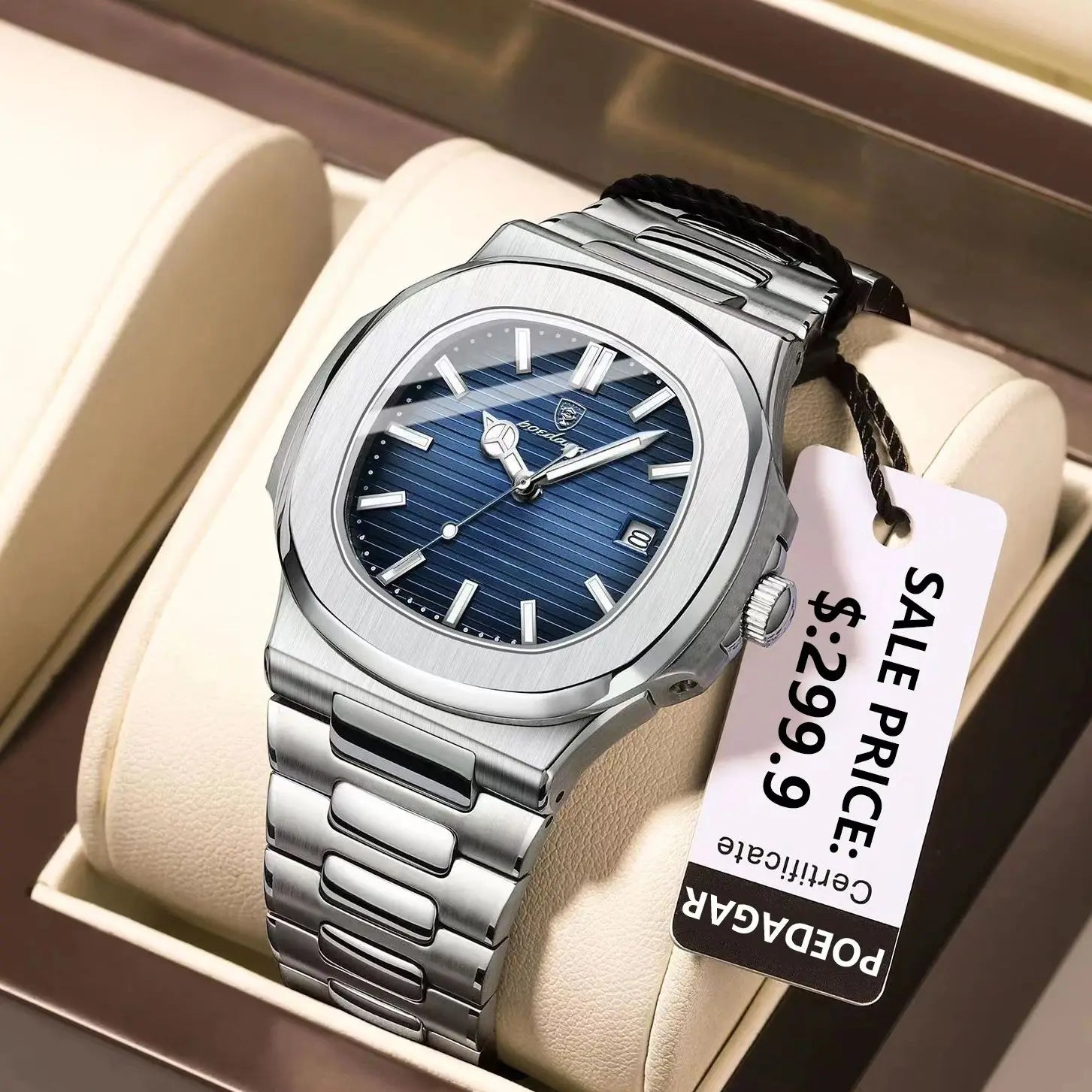 POEDAGAR Luxury Casual Watch Top Brand Fashion Square Dial Stainless Steel Calendar Luminous Waterproof Men Watch Male Clock+Box