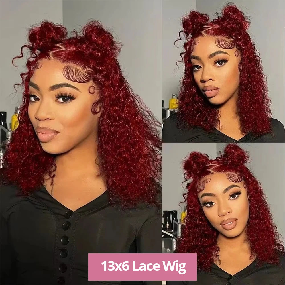 99J Burgundy Curly Bob Wig 13x6 HD Lace Frontal Deep Wave Wigs For Women Transparent Red Colored 13x4 Human Hair Wigs Preplucked