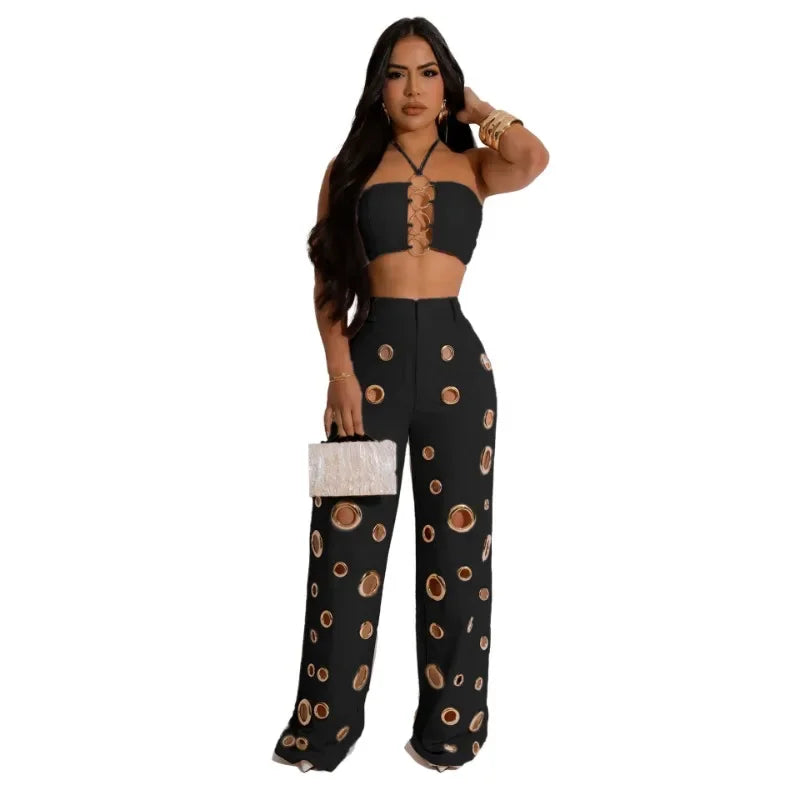 Metal Ring Hollow Out Two Piece Set Women Sexy Strapless Lace Up Halter Backless Crop Tops + Wide Leg Pants Casual Street Suits