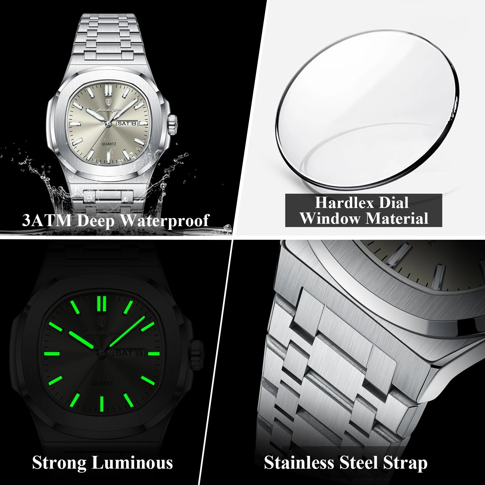 POEDAGAR Luxury Military Man Watch Square Waterproof Luminous Date Week Men Watch Stainless Steel Quartz Men's Watches Reloj+box