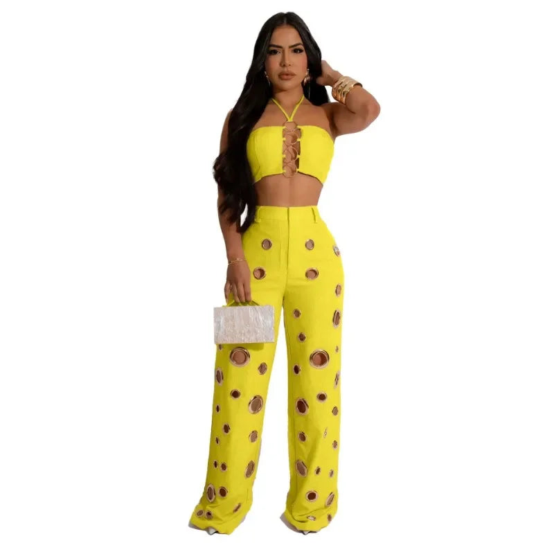Metal Ring Hollow Out Two Piece Set Women Sexy Strapless Lace Up Halter Backless Crop Tops + Wide Leg Pants Casual Street Suits