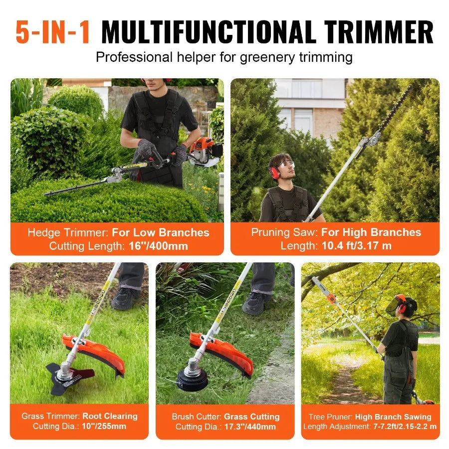 26CC 6in1 MultiFunctional Trimming Tools Gas Hedge Trimmer Weed Eater String Trimmer Brush Cutter Edger Pole Saw Chainsaw Prun
