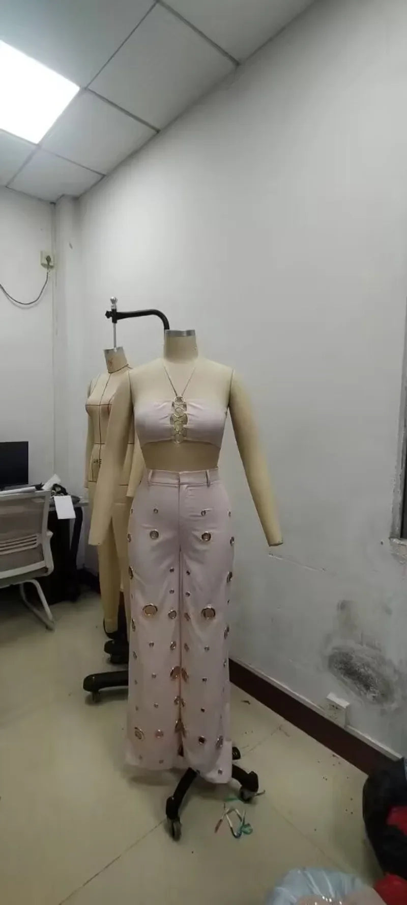 Metal Ring Hollow Out Two Piece Set Women Sexy Strapless Lace Up Halter Backless Crop Tops + Wide Leg Pants Casual Street Suits