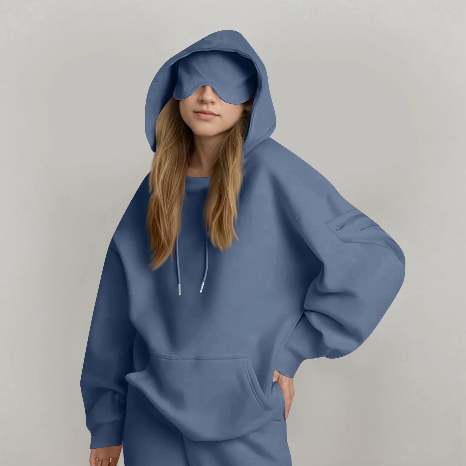 Unisex Hooded Sweatshirt With Built-In Eye Mask Casual Long Sleeved Solid Color Sports Pullover Loose Fit Sweatshirt 2025