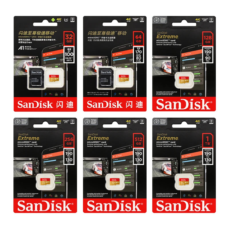 100% Original SanDisk Micro SD Card A1 A2 Memory Card 32GB 64GB 128GB 256GB 512GB 1TB microSD TF Card Storage UHS-I Cards U1 U3