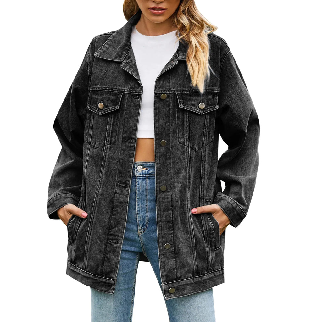 Women Oversized Denim Jackets Vintage Distressed Button Down Lapel Jean Coats With Pockets Autumn Women Shacket Fashion Outwear