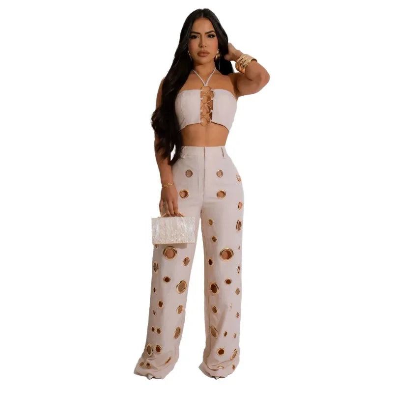 Metal Ring Hollow Out Two Piece Set Women Sexy Strapless Lace Up Halter Backless Crop Tops + Wide Leg Pants Casual Street Suits