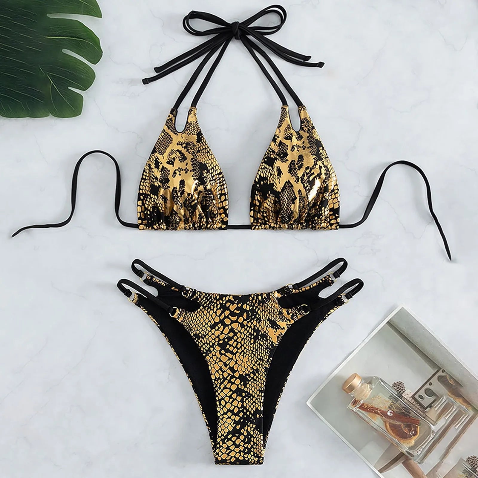 Fashionable Leather Snake Pattern Swimwear Sexy Hollow Out Push Up Separate Two-Piece Bikini Suits Hot Selling Brazilian Bikini