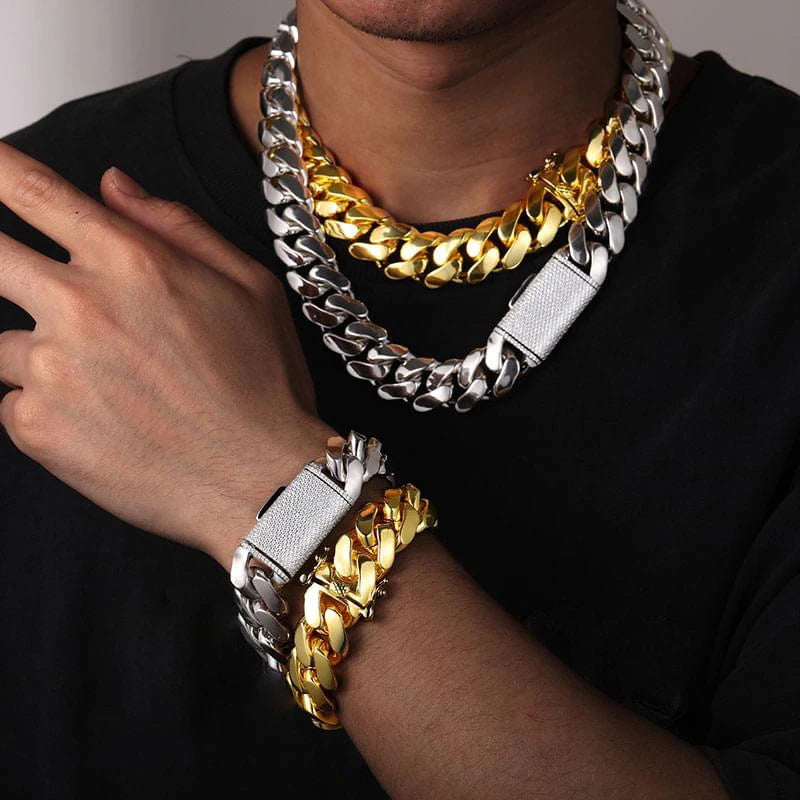 8-22mm Hip Hop Bling Iced Out 18k Gold-plated Stainless Steel Dense Cuban Miami Link Chain Necklaces for Unisex  Rapper Jewelry