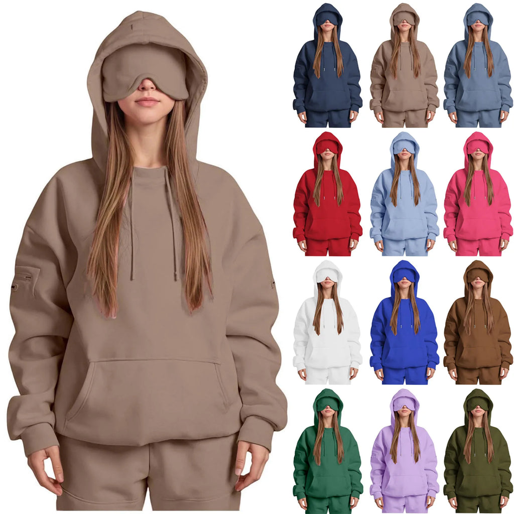 Unisex Hooded Sweatshirt With Built-In Eye Mask Casual Long Sleeved Solid Color Sports Pullover Loose Fit Sweatshirt 2025