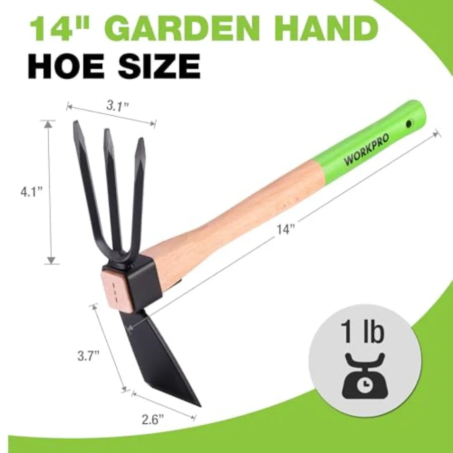 Hoe and Cultivator Garden Rake with 14 Wooden Handle Sharp Hoe Blade Sturdy 3 Claw Tiller 2in1 Heavy Duty Gardening Hand Tools