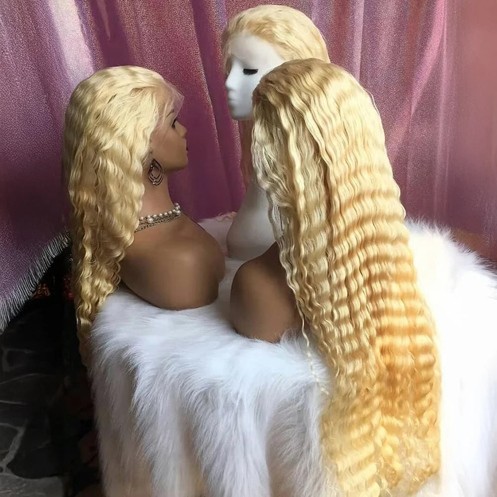 36 Inches Curly HD 613 Honey Blonde Lace Water Wave Front Human Hair Wig Brazilian Loose Deep Wave 13x6 Lace Frontal Wig On Sale