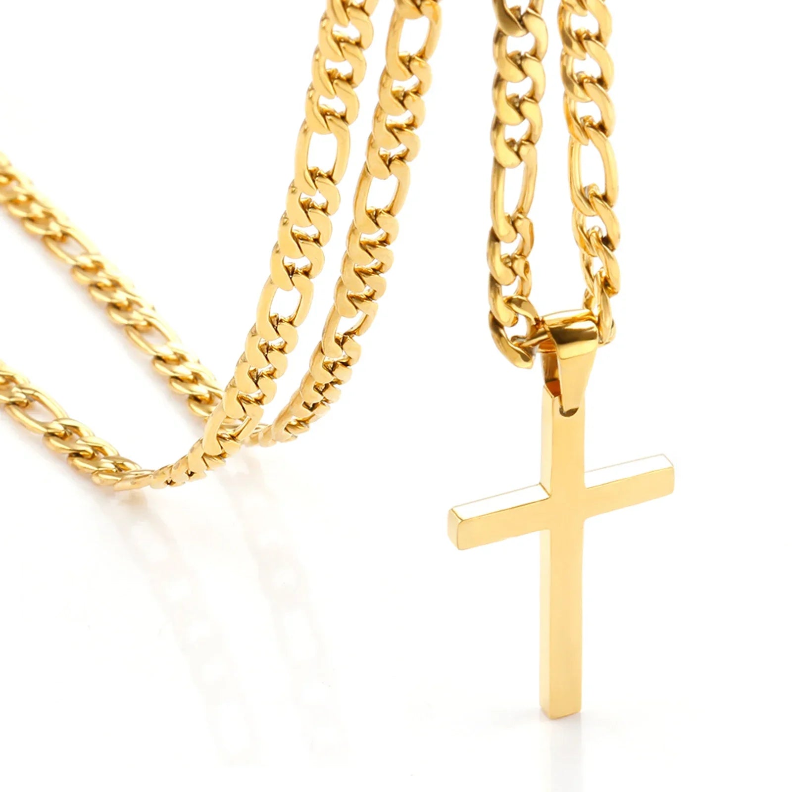 316L Stainless Steel Figaro Chain Necklace for Men Women Gold/ Silver Color Cross Pendant Waterproof Necklaces Fashion Jewelry