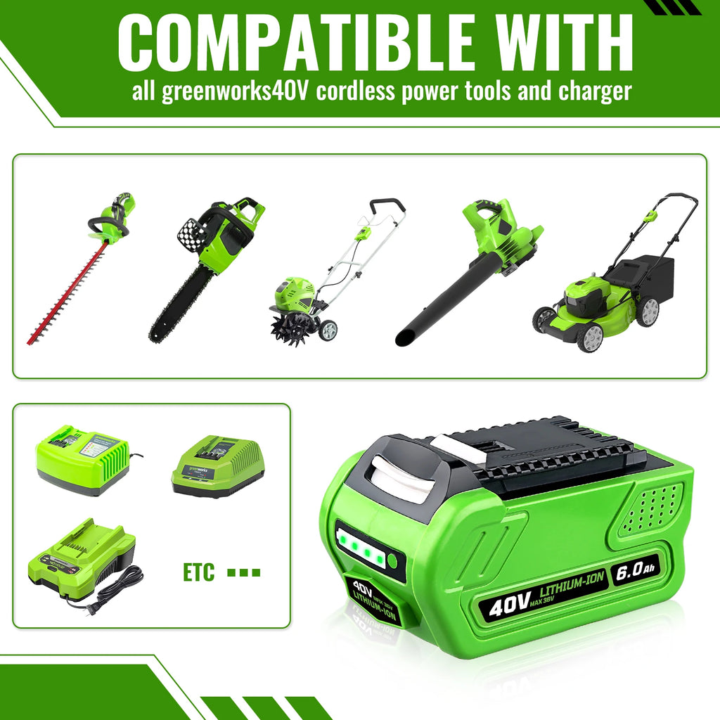 29462 6.0Ah Lithium Battery Replacement Greenworks 40V Battery 29252 20202 25312 25322 20642 22272 27062 21242 Compatible with Replacement Greenworks 40V Power Tool Battery Shipped by Local Warehouse