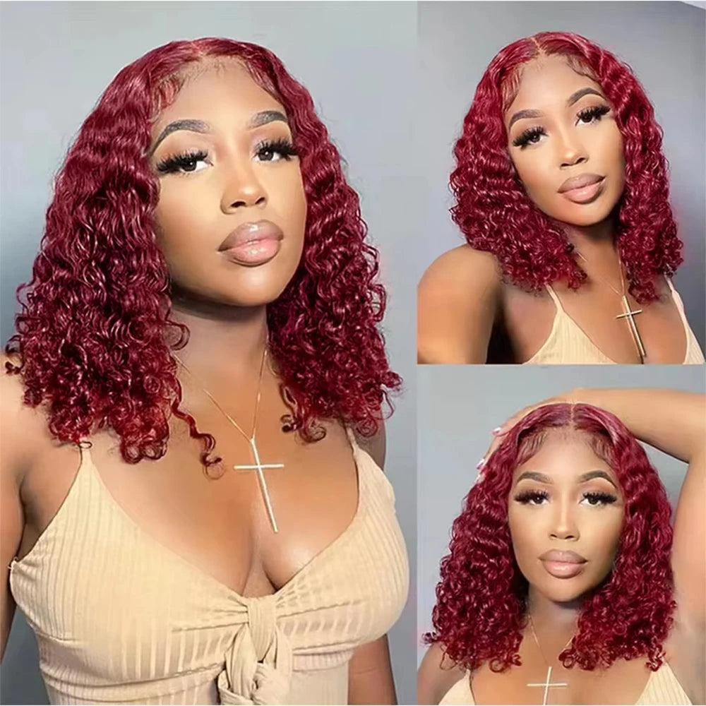 99J Burgundy Curly Bob Wig 13x6 HD Lace Frontal Deep Wave Wigs For Women Transparent Red Colored 13x4 Human Hair Wigs Preplucked