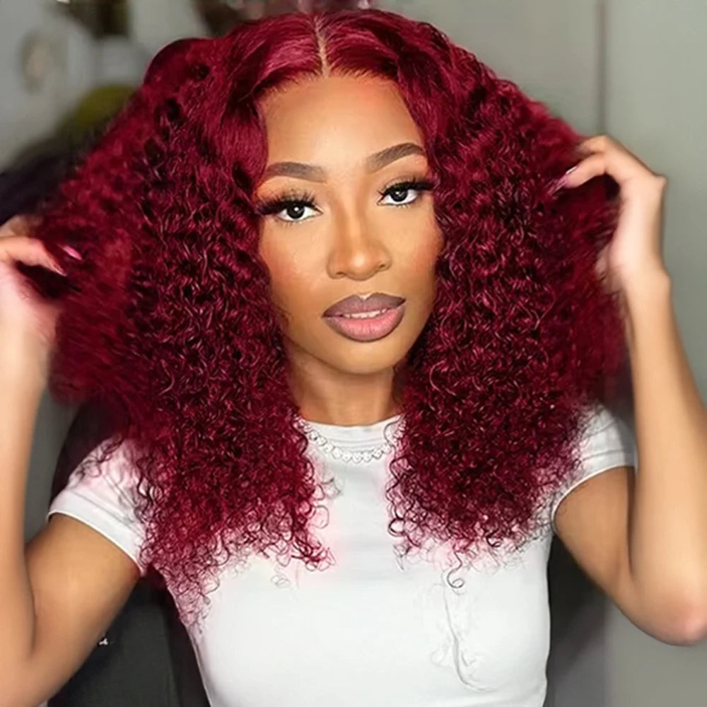 99J Burgundy Curly Bob Wig 13x6 HD Lace Frontal Deep Wave Wigs For Women Transparent Red Colored 13x4 Human Hair Wigs Preplucked