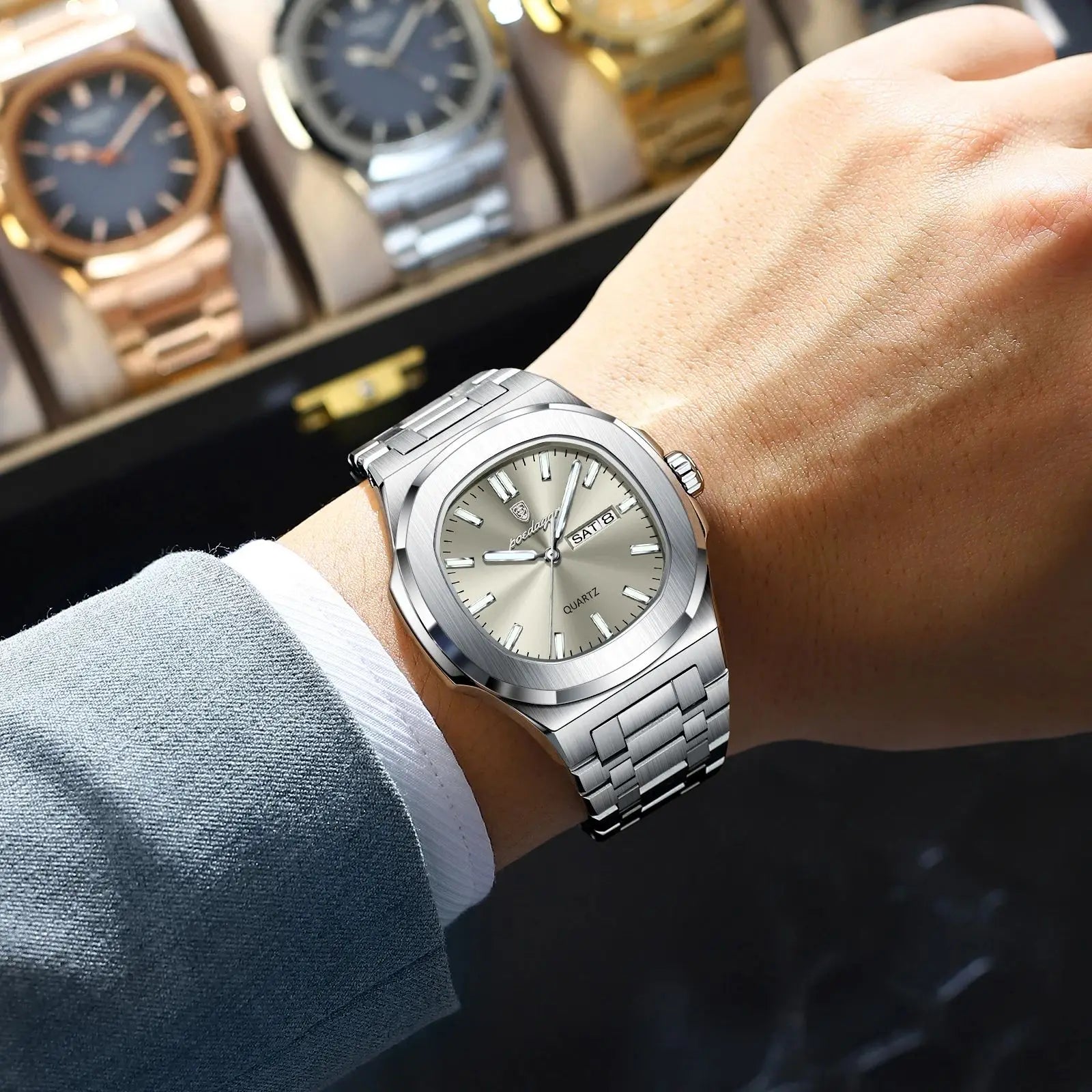 POEDAGAR Luxury Military Man Watch Square Waterproof Luminous Date Week Men Watch Stainless Steel Quartz Men's Watches Reloj+box