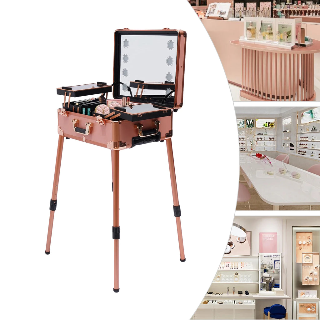 12V Make-up Table with 4 Castors & Lighting & Mirror & Lock, Professional Make-up Station, Adjustable Legs, Cosmetic Organizer B