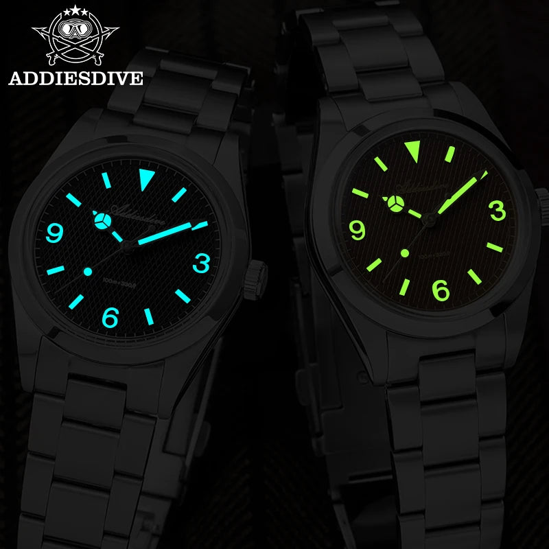 ADDIESDIVE New Men's Analog Watch Bubble Mirror Glass 100m Luminous Men's Quartz Watches with Stainless Steel Bracelet AD2096