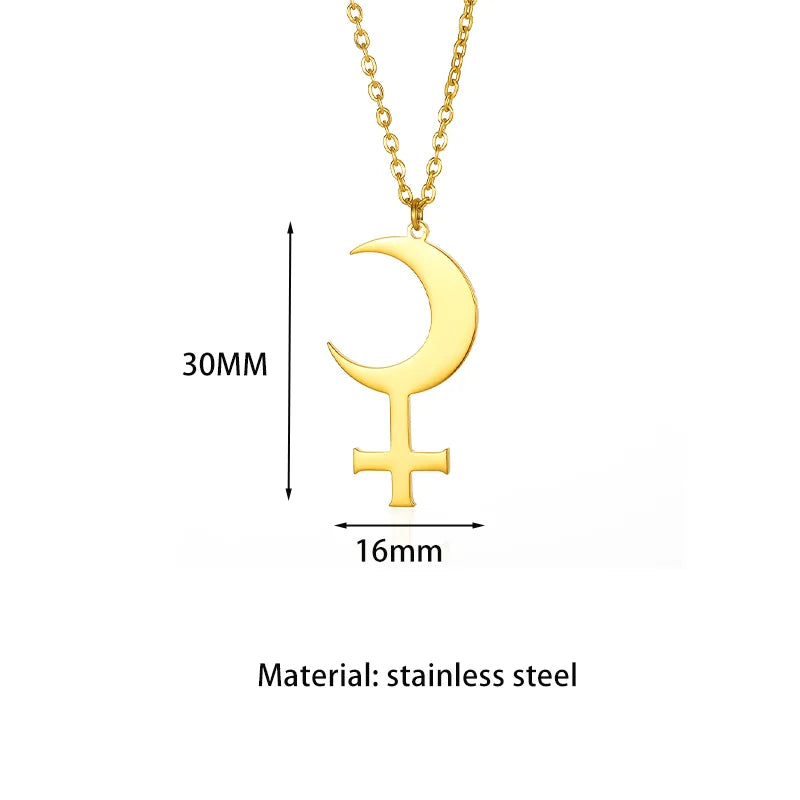 Gold Color Moon Cross Lilith Symbol Pendants Necklace For Women Stainless Steel Charms Astrological Symbol Sign Amulet Jewelry
