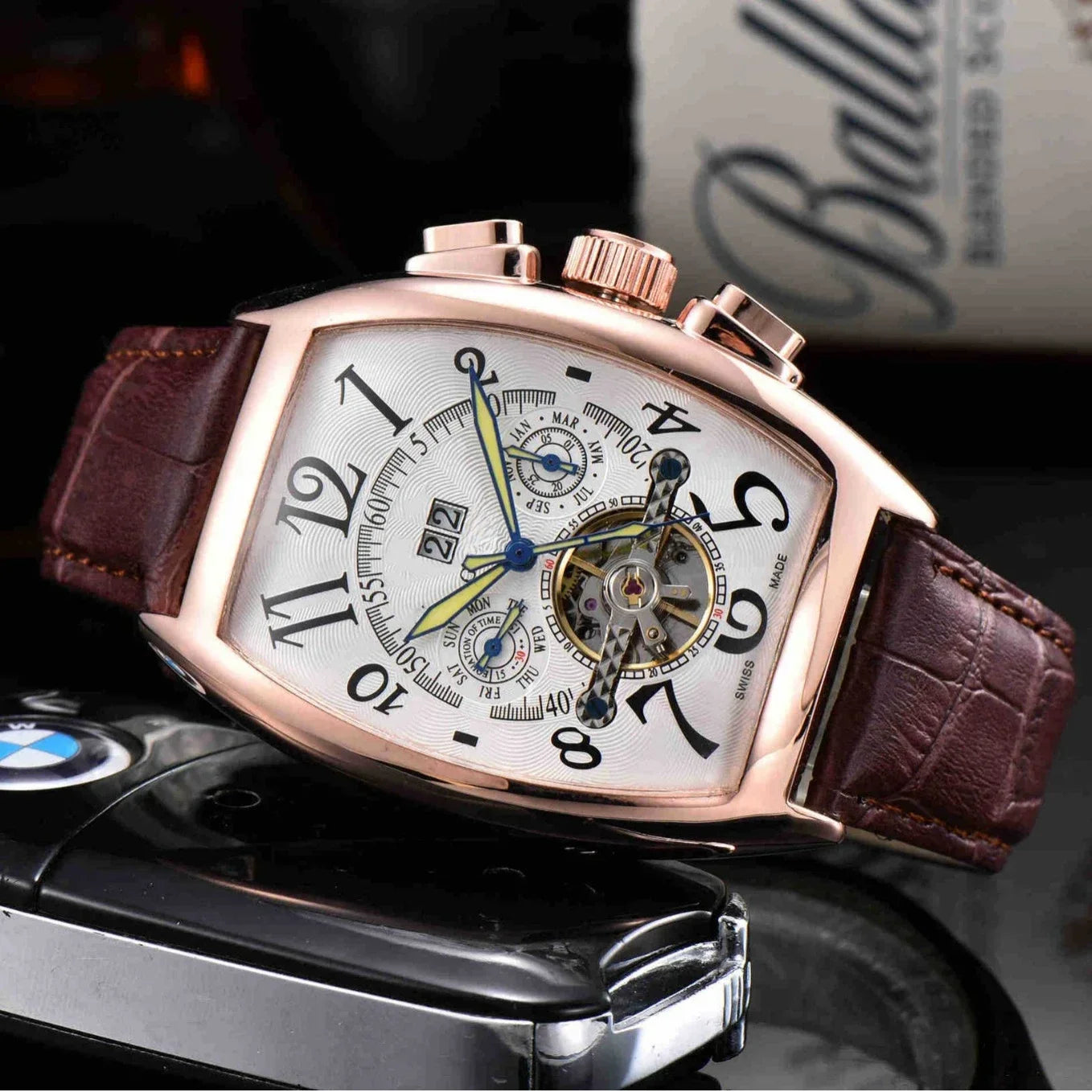 New Vintage Large Dial Mechanical Watch Men's Barrel Shaped Digital Hollow Out Flying Tourbillon Popular Style From Mainland Chi