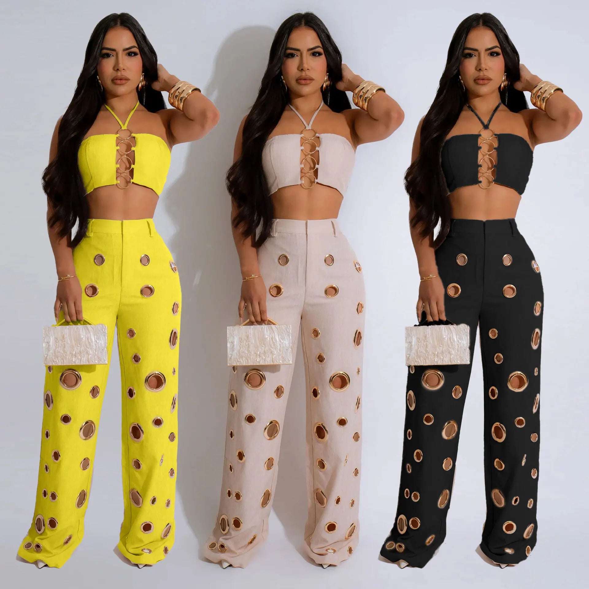 Metal Ring Hollow Out Two Piece Set Women Sexy Strapless Lace Up Halter Backless Crop Tops + Wide Leg Pants Casual Street Suits