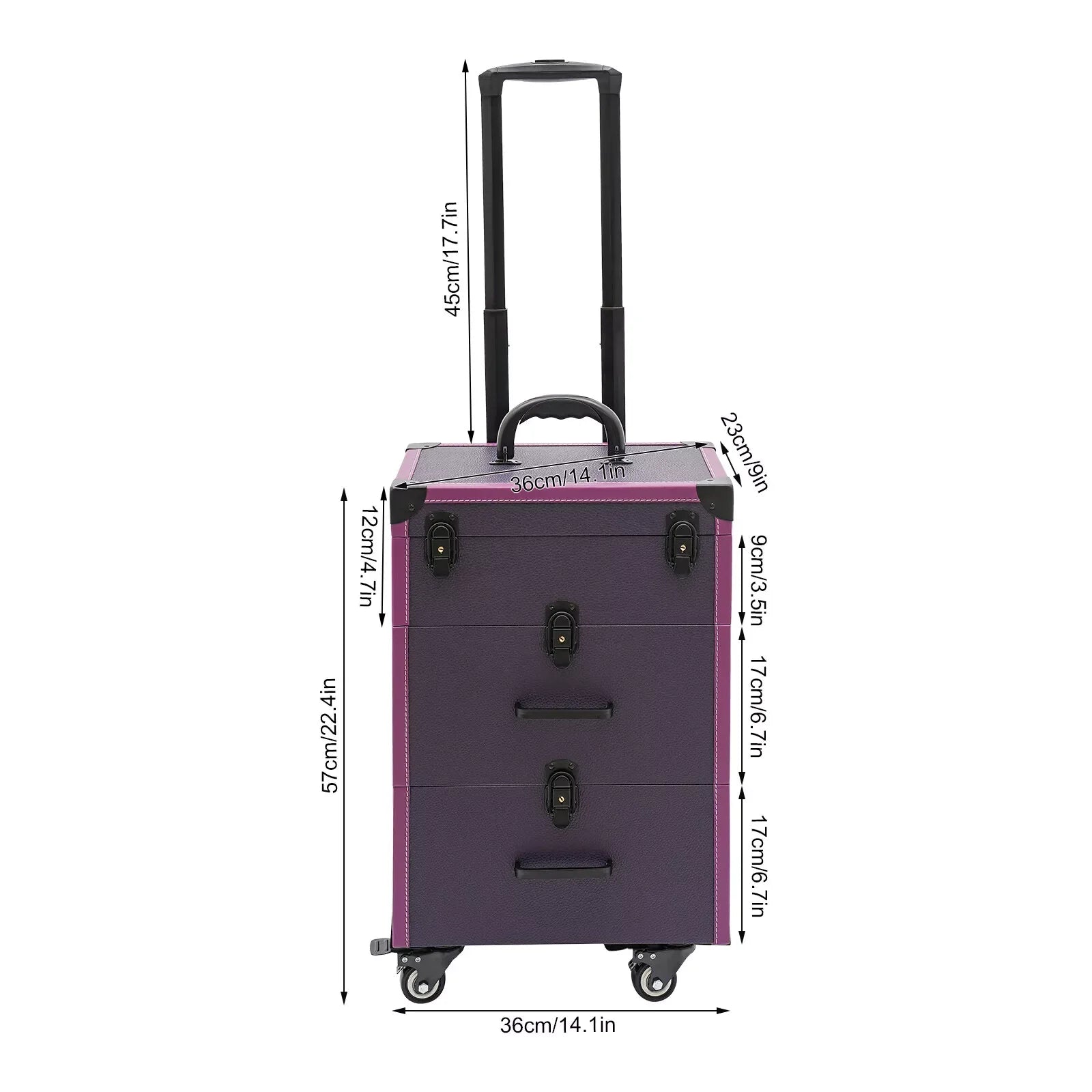 Rolling Makeup Case Cosmetic Case Trolley Make Up Suitcase with Wheels Purple