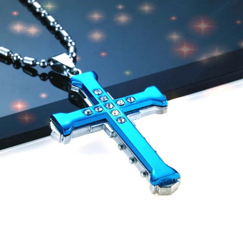 2024 New Male Crystal Cross Jesus Pendant Gold/Black/Blue Color Zirconia Cross Pendant Necklace Stainless Steel Jewelry