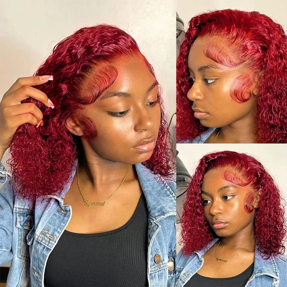 99J Burgundy Curly Bob Wig 13x6 HD Lace Frontal Deep Wave Wigs For Women Transparent Red Colored 13x4 Human Hair Wigs Preplucked
