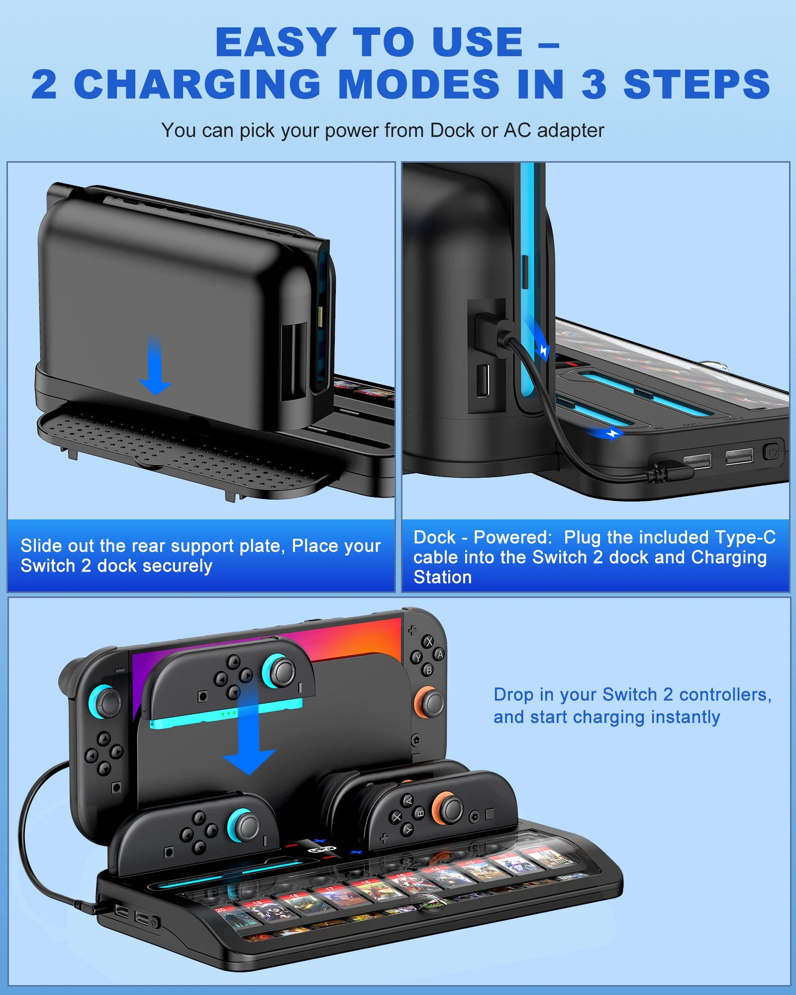 DinoFire SC200 4 controller charge dock for Switch2 and storage host Two layer storage game card slot with dust cover accessory
