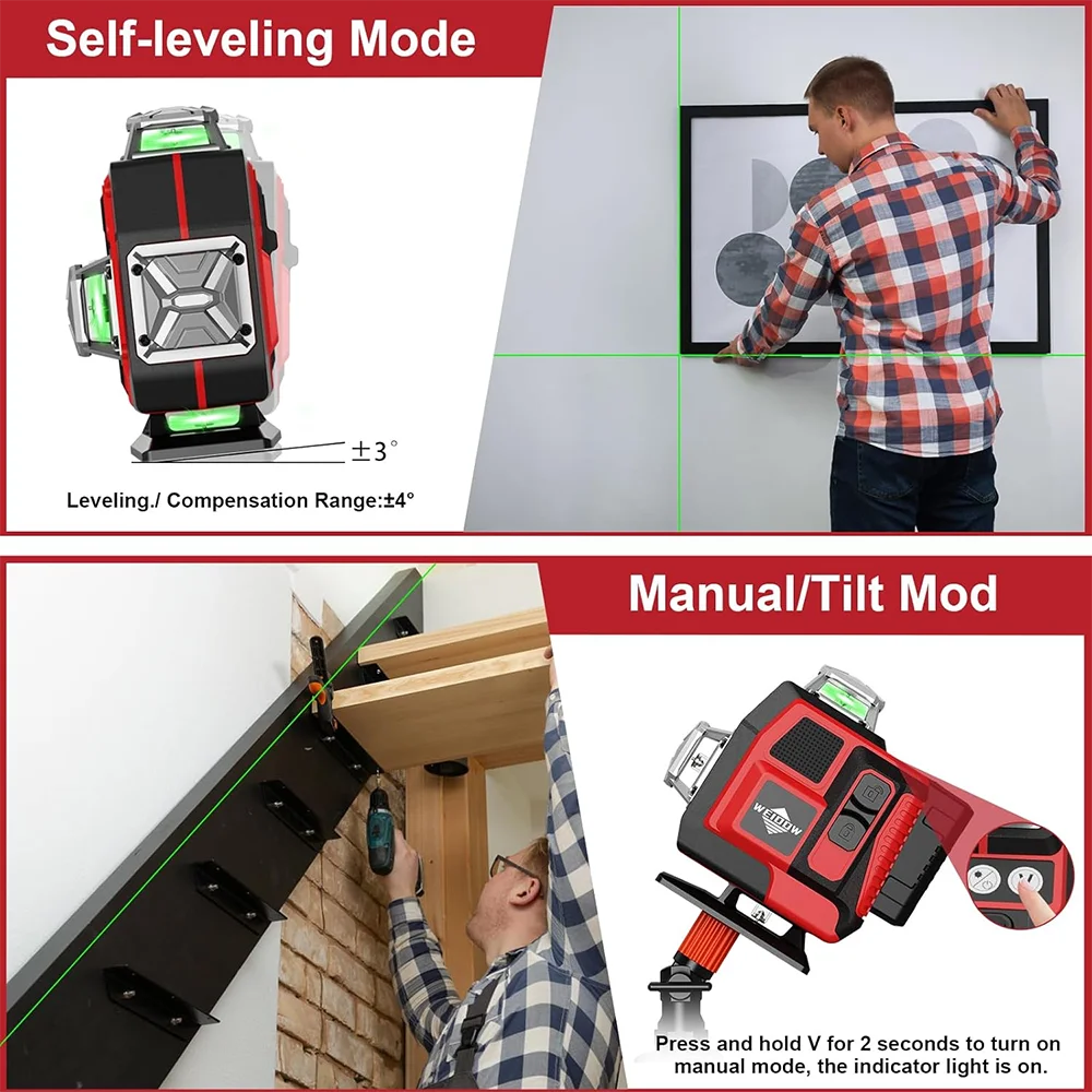 LFINE 16 Lines Professional Laser Level with Suitcase Automatic 360°Self-leveling Laser Horizontal Vertical Green Lines Tools