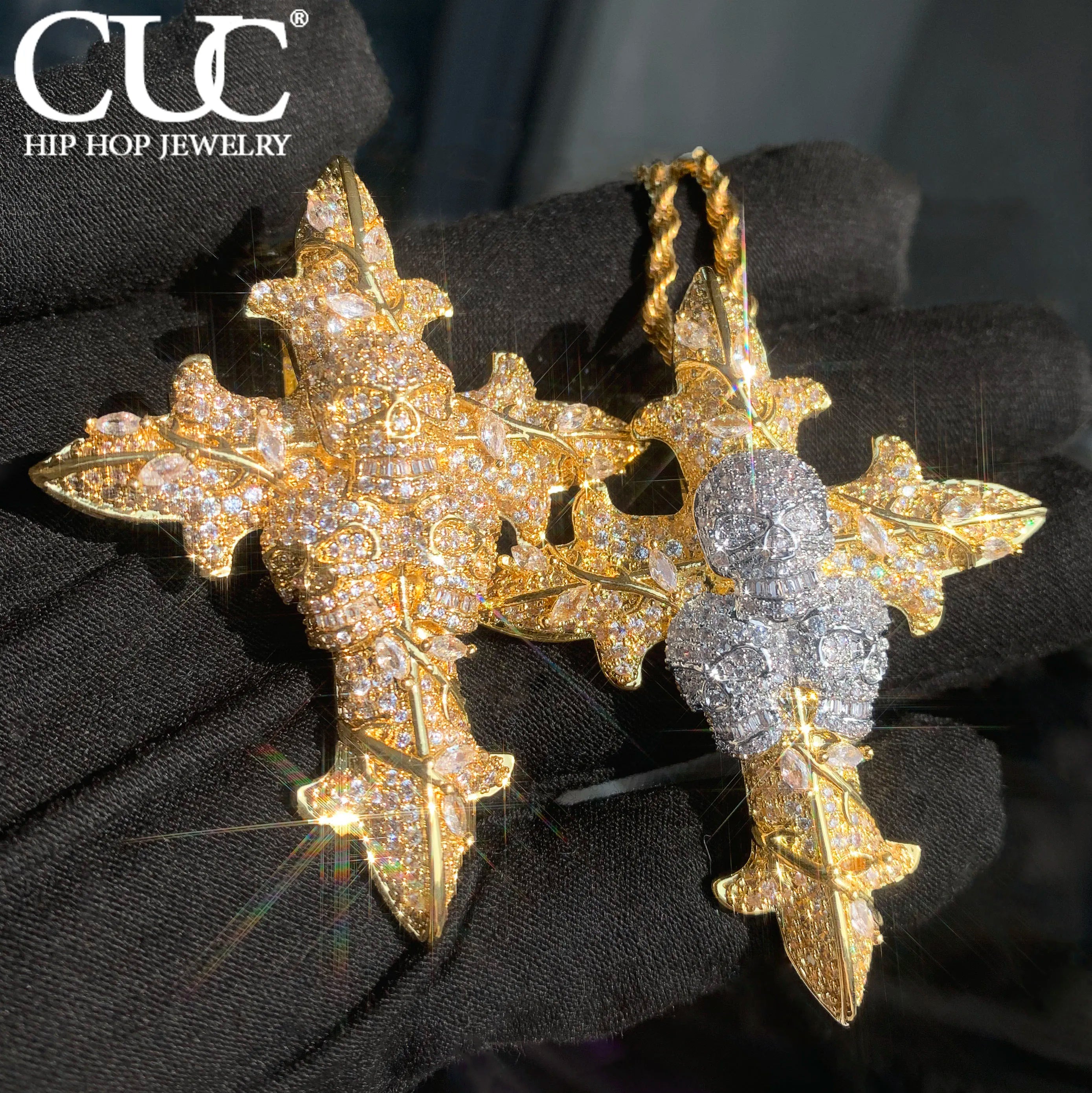 CUC Skull Cross Hip Hop Pendant Men Women Necklace Gold Silver Color Chain Cubic Zirconia Rock Rapper Jewelry