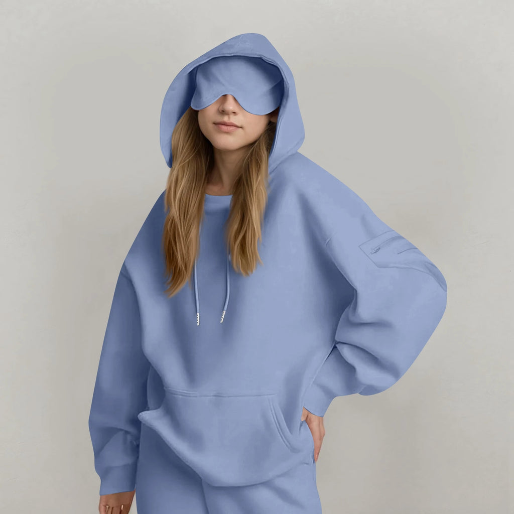 Unisex Hooded Sweatshirt With Built-In Eye Mask Casual Long Sleeved Solid Color Sports Pullover Loose Fit Sweatshirt 2025