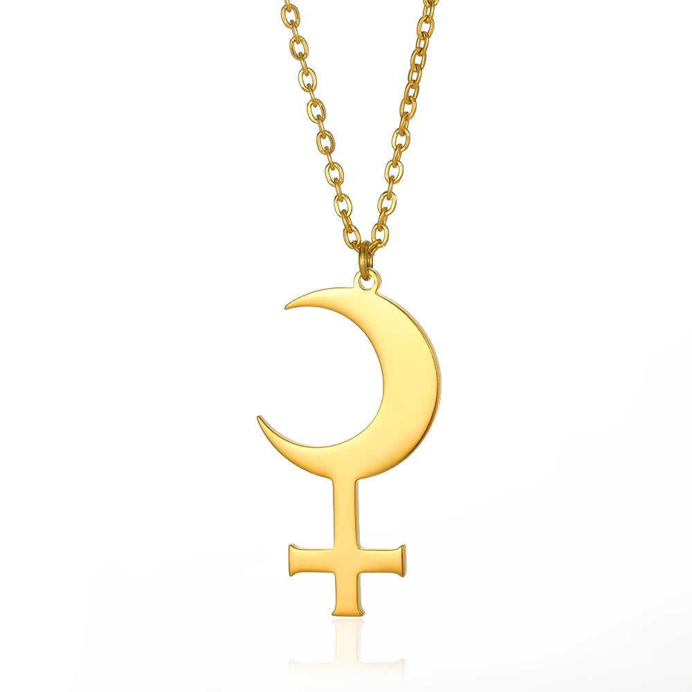 Gold Color Moon Cross Lilith Symbol Pendants Necklace For Women Stainless Steel Charms Astrological Symbol Sign Amulet Jewelry