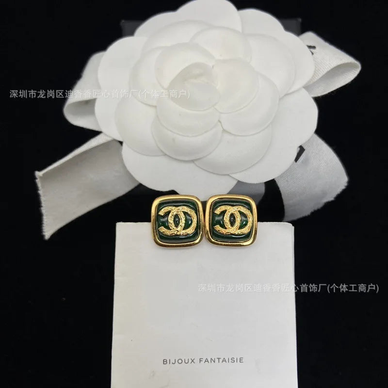 Double Sugar Stud Earrings Women's Fashion Black Square Pair with Label Tide