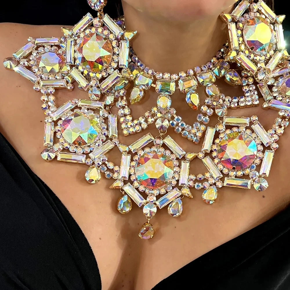 Exaggerated Necklace Choker Set Earring Costume Chunky Statement Big Necklace Jewelry Festival Crystal Drag Queen Carnival