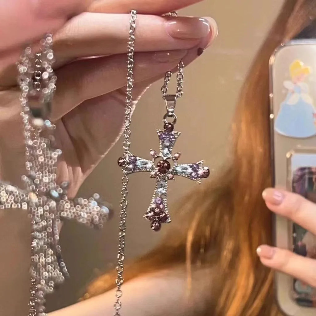 Gothic Big Zircon Cross Necklace Unisex Y2K Irregular Goth Large Cross Pendant Necklaces  for Men Women Couple Necklace Jewelry