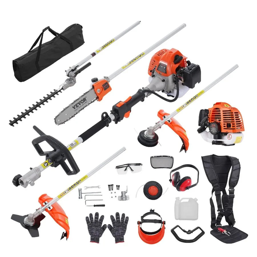 26CC 6in1 MultiFunctional Trimming Tools Gas Hedge Trimmer Weed Eater String Trimmer Brush Cutter Edger Pole Saw Chainsaw Prun