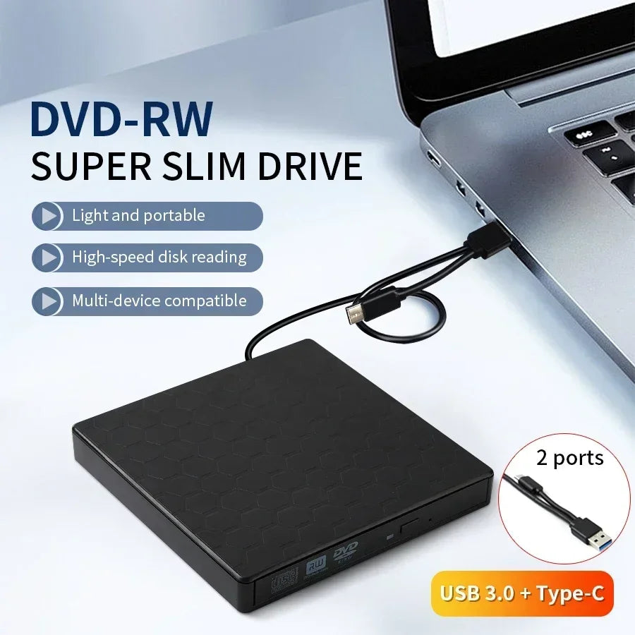 External DVD Drive 2 in 1 USB 3.0 Type-C Portable DVD RW CD Writer Drive Reader Player Optical Drives for Laptop PC DVD Burner