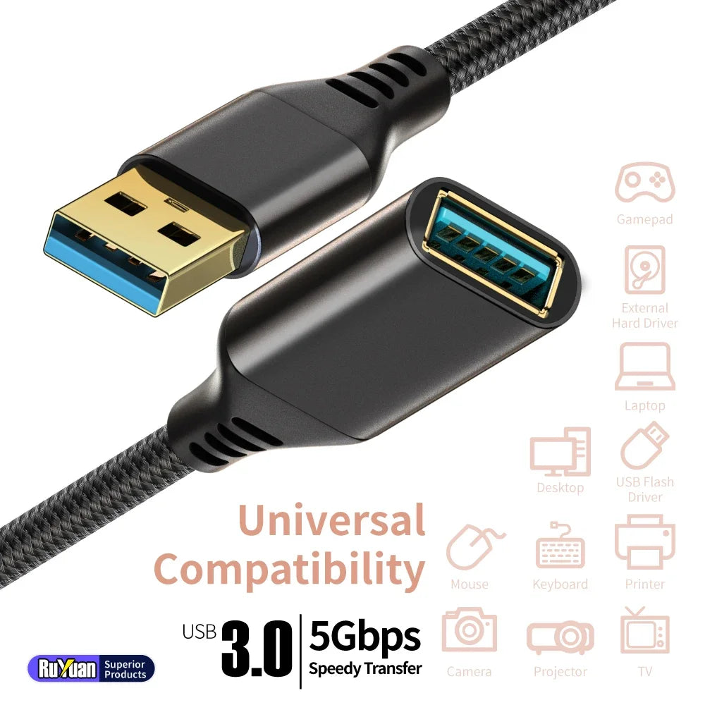 USB3.0 Extensions Cable Type A Male to Female Sturdy Braided Material Fast Data Transfer Compatible with USB Keyboard,Mouse