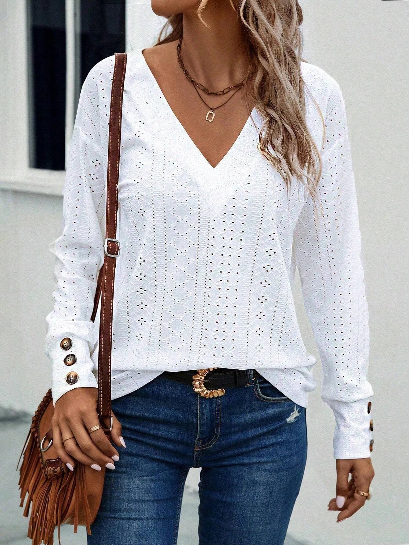 Woman Clothes White V-Neck Long Sleeve T Shirt  Hollow Button Blouse Simple Elegant Autumn Office Lady Tops Woman