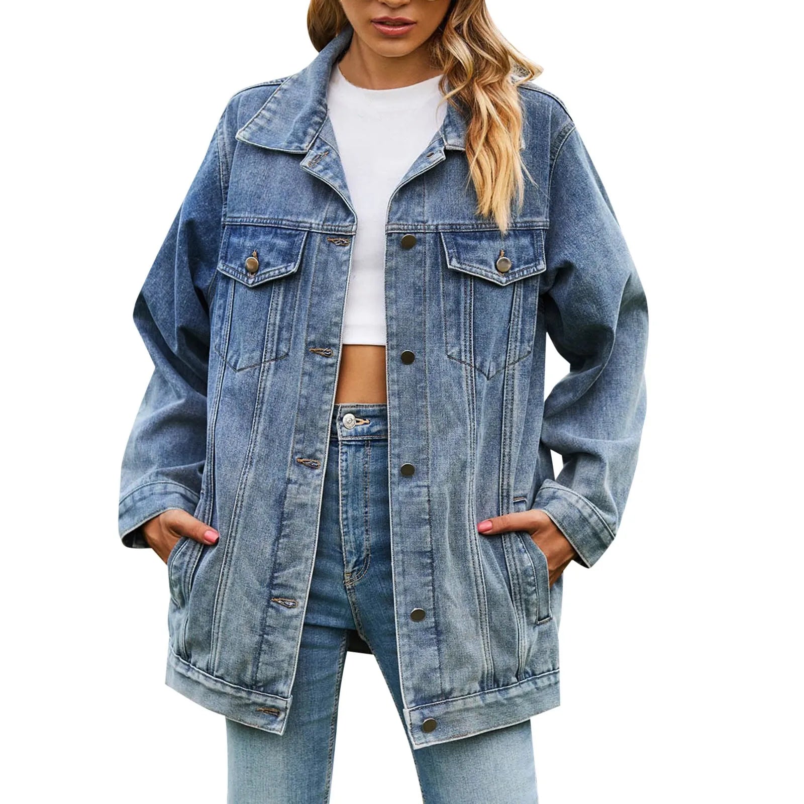 Women Oversized Denim Jackets Vintage Distressed Button Down Lapel Jean Coats With Pockets Autumn Women Shacket Fashion Outwear
