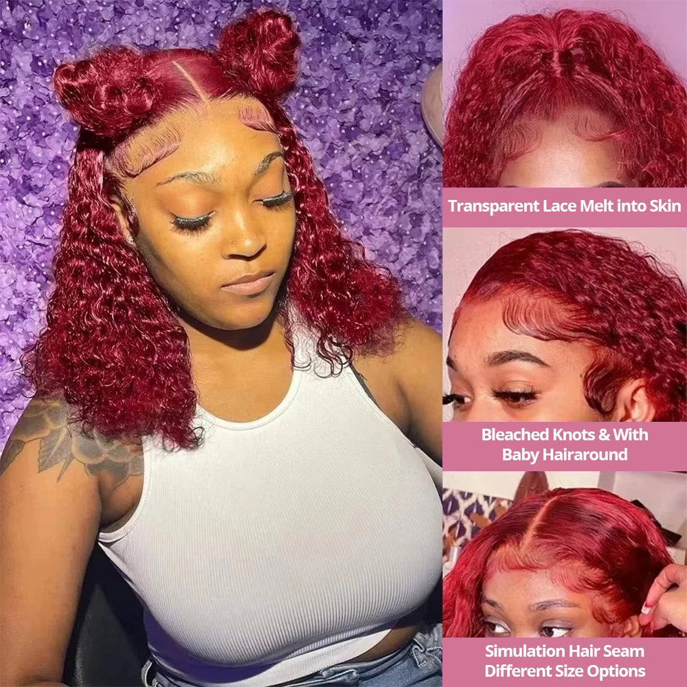 99J Burgundy Curly Bob Wig 13x6 HD Lace Frontal Deep Wave Wigs For Women Transparent Red Colored 13x4 Human Hair Wigs Preplucked